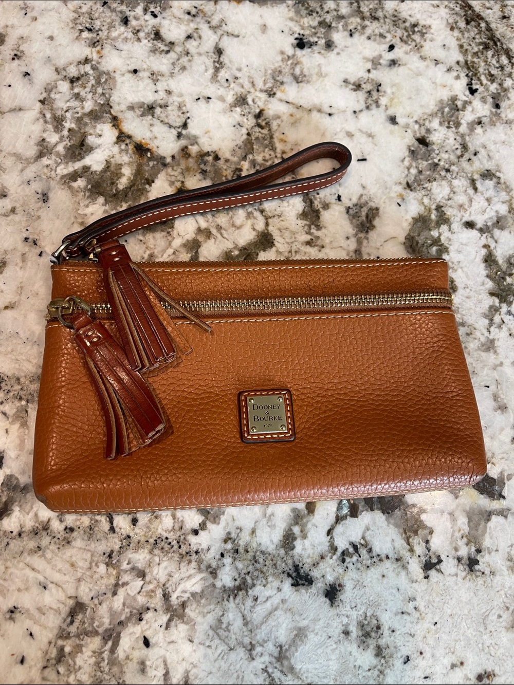 Dooney & Bourke Cognac Pebbled Leather Wristlet with Tassels